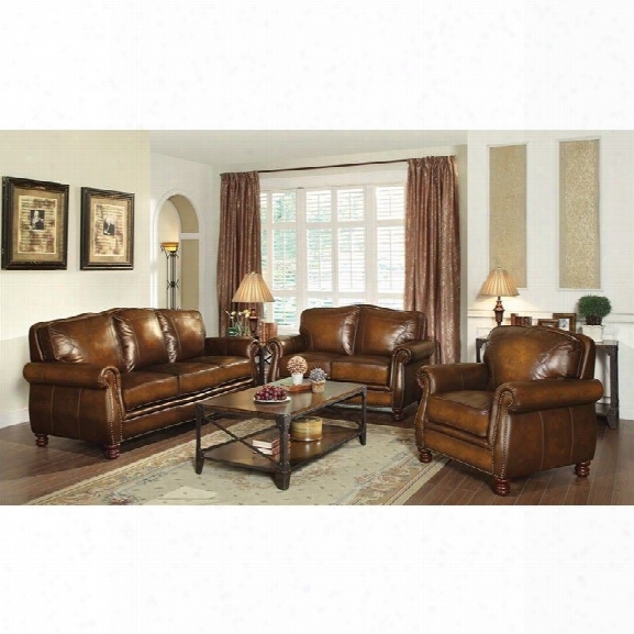 Coaster Montbrook 3 Piece Leather Sofa Set In Brown