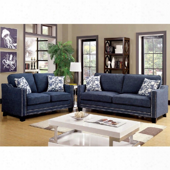 Furniture Of America Landrum 3 Piece Nailhead Sofa Set In Blue