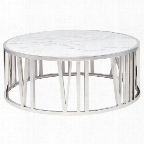 Nuevo Roman Round Marble Top Coffee Table In Silver And White