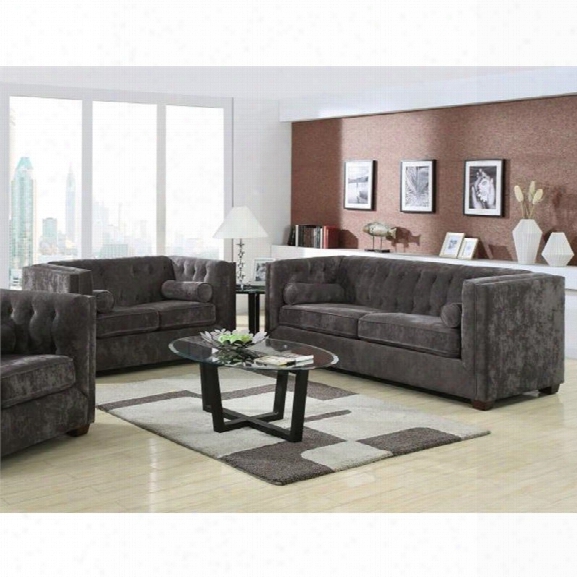 Coaster Alexis 2 Piece Microvelvet Chesterfield Sofa Set In Charcoal