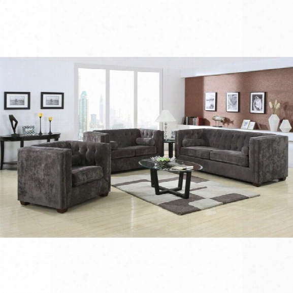 Coaster Alexis 3 Piece Microvelvet Chesterfield Sofa Set In Charcoal