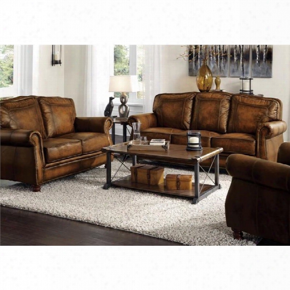 Coaster Montbrook 2 Piece Leather Sofa Set In Brown