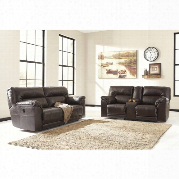 Ashley Barrettsville 2 Piece Power Reclining Leather Sofa Set In Brown