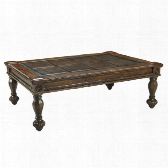 Ashley Mantera Coffee Table With Glass Insert In Dark Rustic Brown