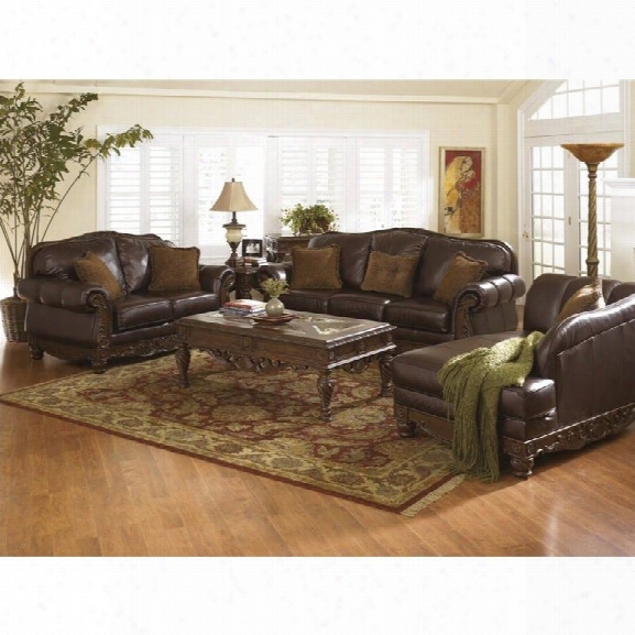 Ashley North Shore 3 Pjece Leather Sofa Set With Chaise In Dark Brown