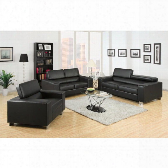 Furniture Of America Loewen 3 Piece Bonded Leather Sofa Set In Black