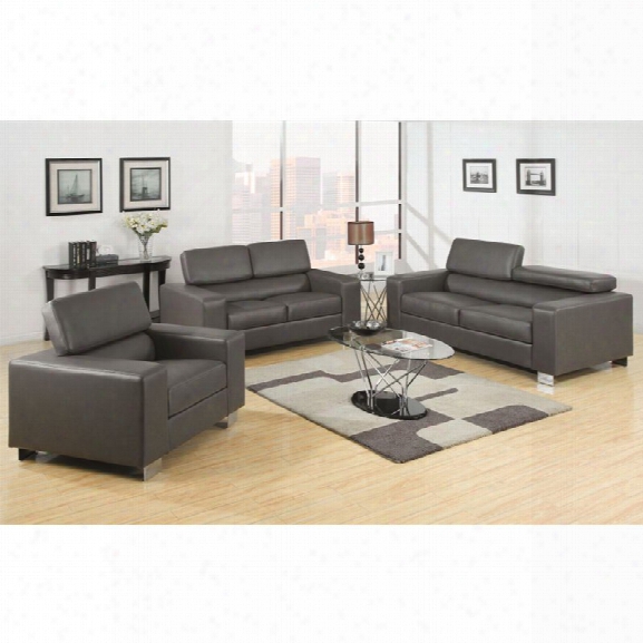 Furniture Of America Loewen 3 Piece Bonded Leather Sofa Set In Grey