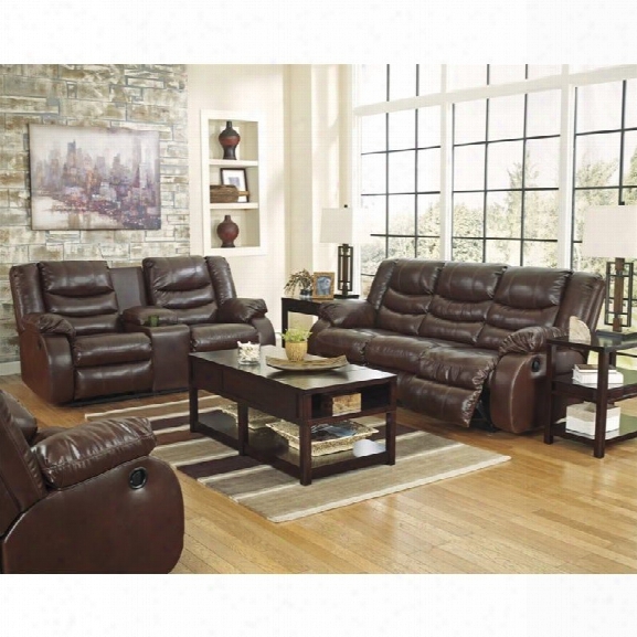 Ashley Linebacker 3 Piece Leather Reclining Sofa Set In Espresso