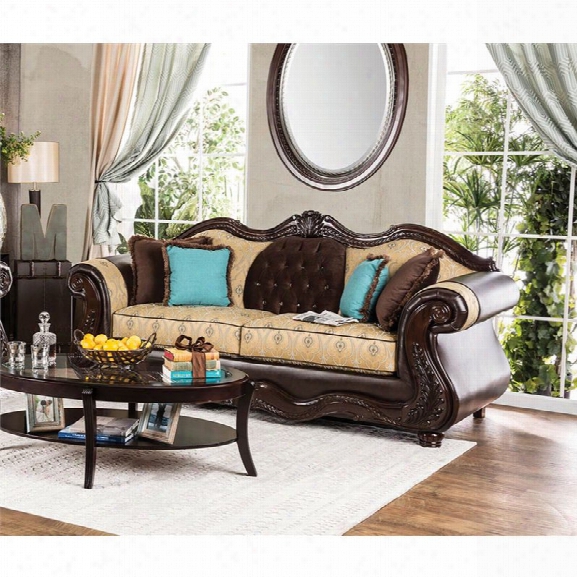 Furniture Of America Miller Fabric And Faux Leather Sofa In In Beige