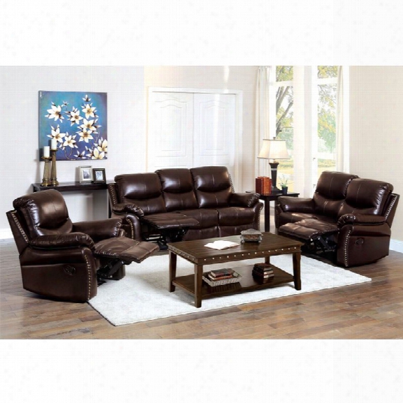 Furniture Of America Wess 3 Piece Leather Reclining Sofa Set In Brown