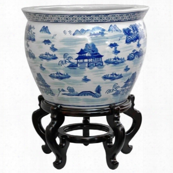 Oriental Furniture 20 Landscape Fishbowl In Blue And White