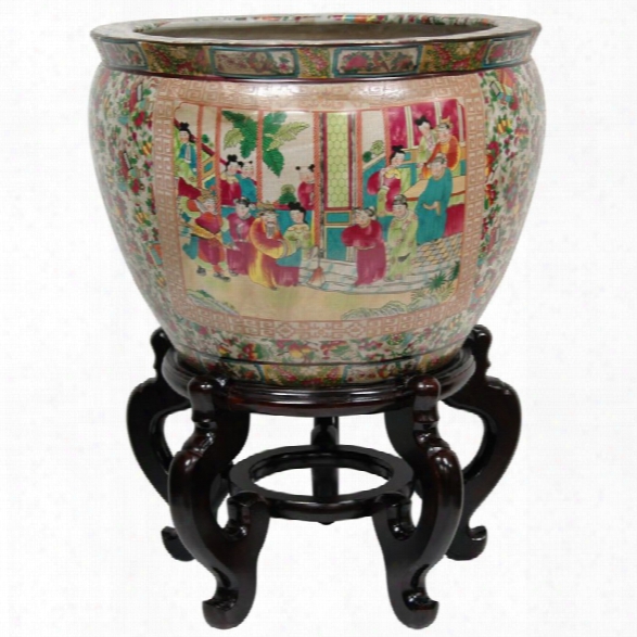 Oriental Furniture 20 Rose Medallion Porcelain Fishbowl In Rose