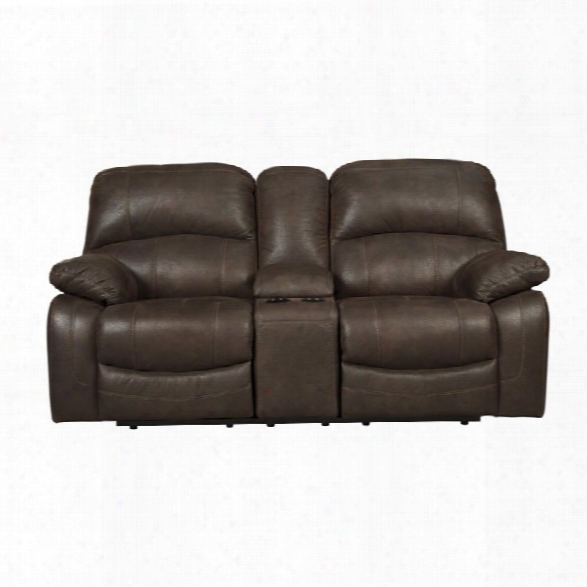 Ashley Zavier Glider Reclining Faux Leather Loveseat In Truffle