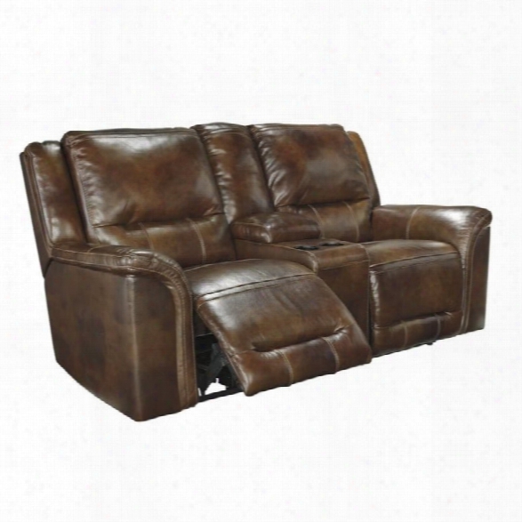 Ashley Jahron Leather Double Reclining Console Loveseat In Harness