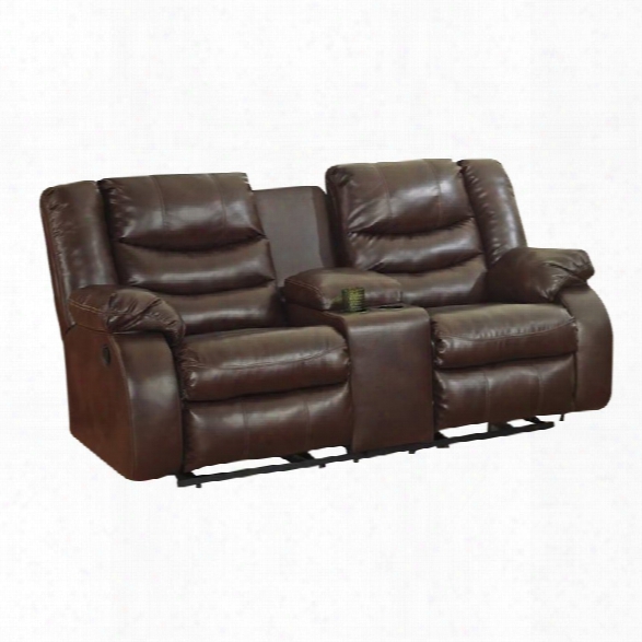 Ashley Linebacker Leather Reclining Console Loveseat In Espresso