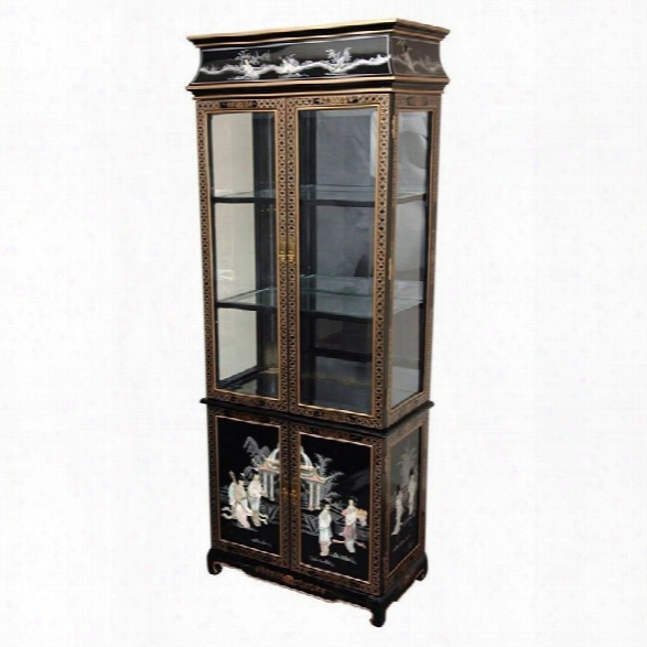 Oriental Mother Of Pearl Ladies Lacquer Curio Cabinet In Black