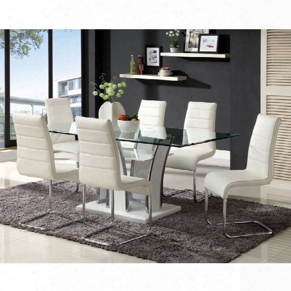 Furniture Of America Valery 7 Piece Glass Top Dining Set In White