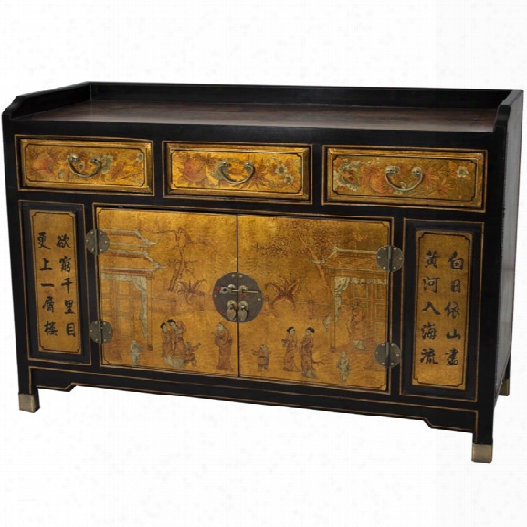 Oriental Furniture Gold Leaf Village Life Buffet Table In Gold