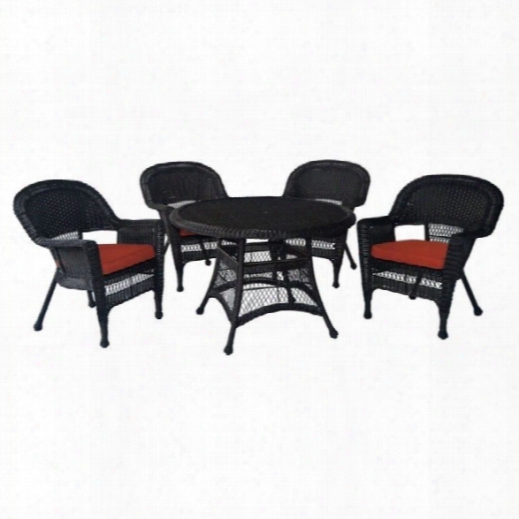 Jeco 5 Piece Wicker Patio Dining Set In Espresso And Red