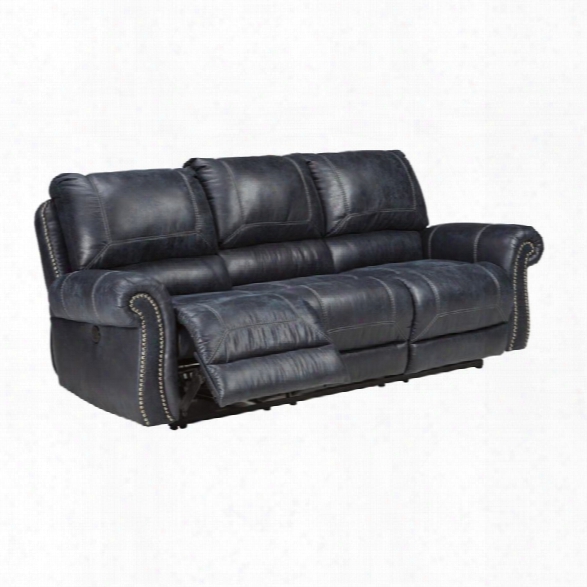 Ashley Milhaven Power Reclining Faux Leather Sofa In Navy