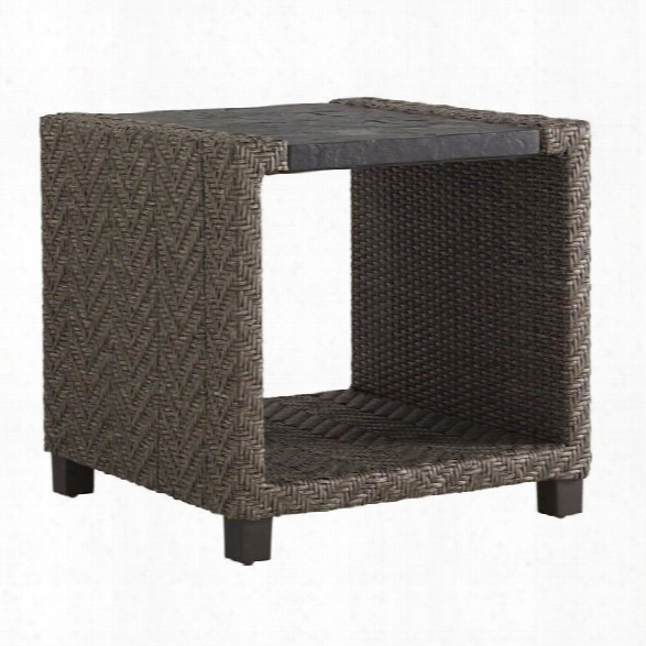 Tommy Bahama Home Blue Olive Square Weatherstone Top Wicker End Table