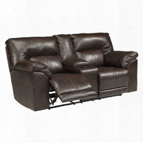 Ashley Barrettsville Leather Reclining Console Loveseat In Chocolate