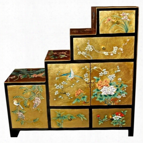 Oriental Furniture Leaf Step Tansu In Gold