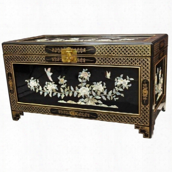 Oriental Furniture Birds And Flowers Trunk In Black