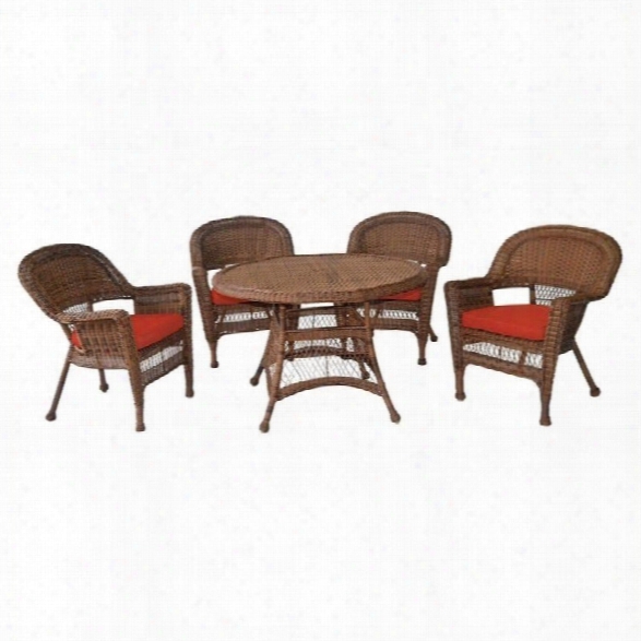 Jeco 5 Piece Wicker Patio Dining Set In Honey And Red