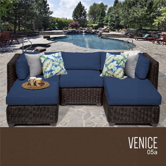 Tkc Venice 5 Piece Patio Wicker Sectional In Navy