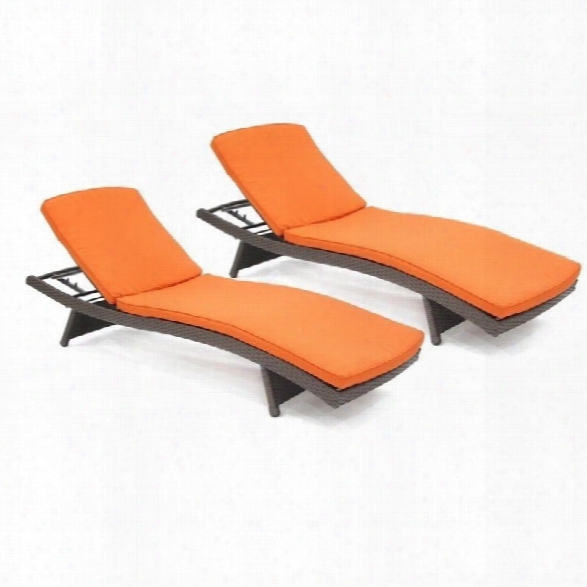 Jeco Wicker Adjustable Chaise Lounger In Espresso With Brick Orange Cushion (set Of 2)
