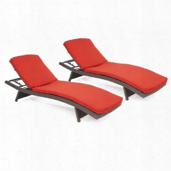 Jeco Wicker Adjustable Chaise Lounger In Espresso With Dark Red Cushion (set Of 2)