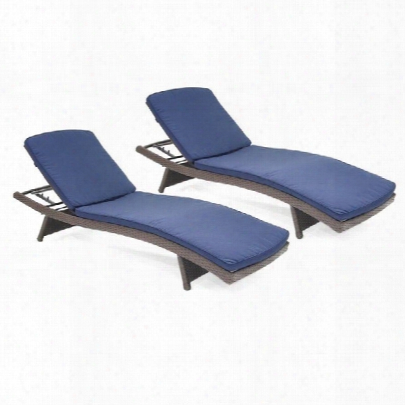 Jeco Wicker Adjustable Chaise Lounger In Espresso With Navy Blue Cushion (set Of 2)