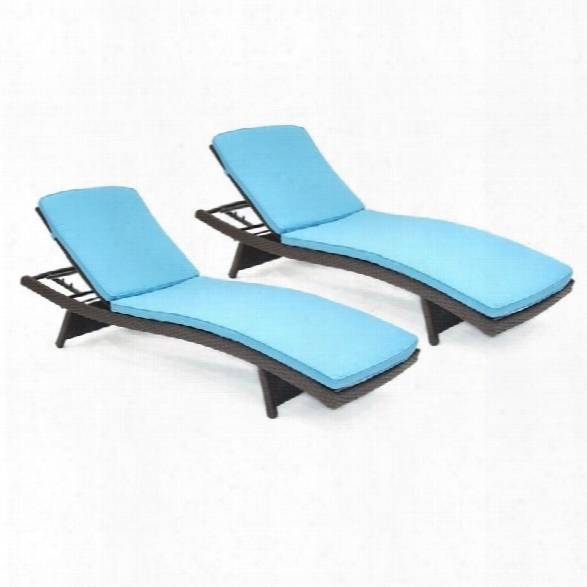 Jeco Wicker Adjustable Chaise Lounger In Espresso With Turquoise Cushion (set Of 2)