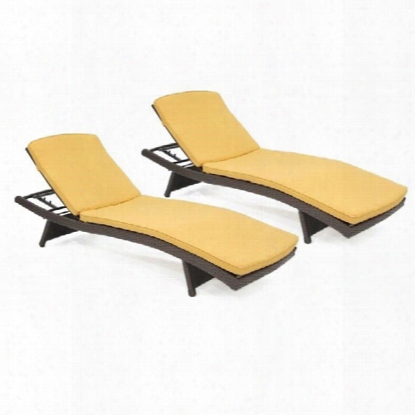 Jeco Wicker Chaise Lounger In Espresso With Mustard Cushion (set Of 2)