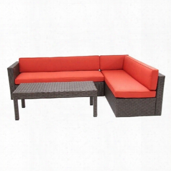 Jeco 3pc Wicker Conversation Sectional Set In Espresso With Red Orange Cushions