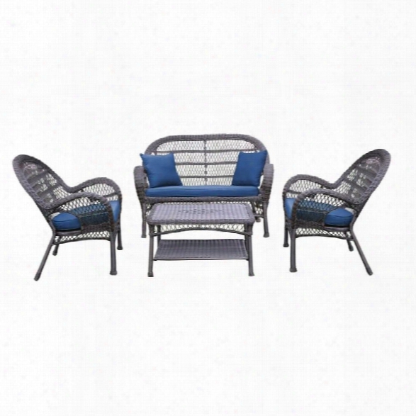 Jeco 4 Piece Wicker Conversation Set In Espresso With Blue Cushions