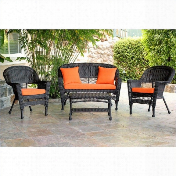 Jeco 4pc Wicker Conversation Set In Espresso With Brick Orange Cushions