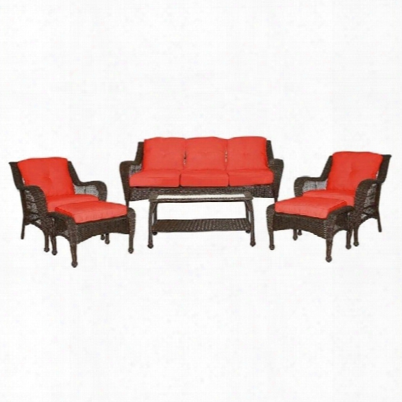 Jeco 6pc Wicker Seating Set In Espresso With Red Cushions