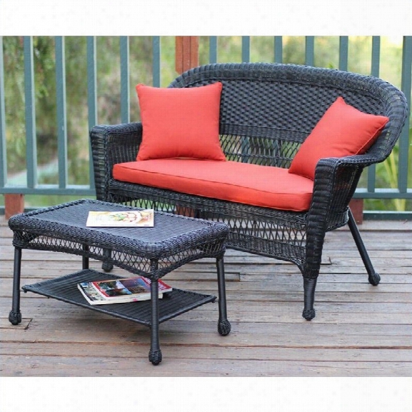 Jeco Wicker Patio Love Seat And Coffee Table Set In Black With Red Orange Cushion