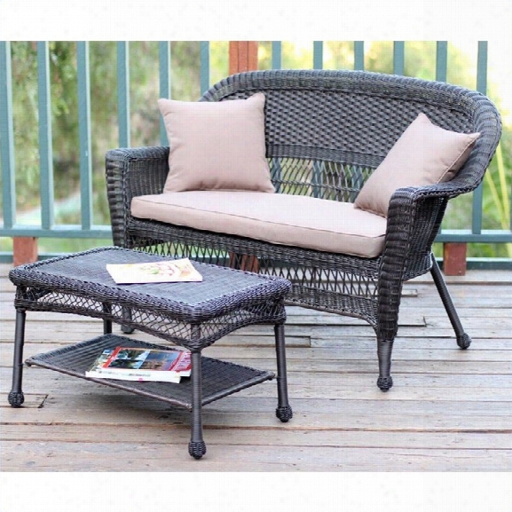 Jeco Wicker Patio Love Seat And Coffee Table Set In Espresso With Brown Cushion