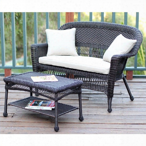 Jeco Wicker Patio Love Seat And Coffee Table Set In Espresso With Tan Cushion