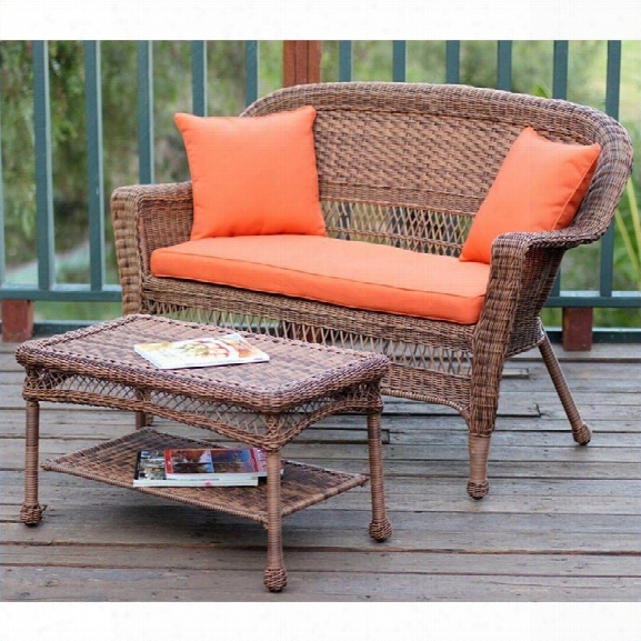 Jeco Wicker Patio Love Seat And Coffee Table Set In Honey With Orange Cushion