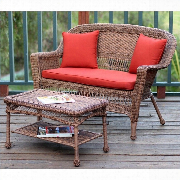 Jeco Wicker Patio Love Seat And Coffee Table Set In Honey With Red Orange Cushion