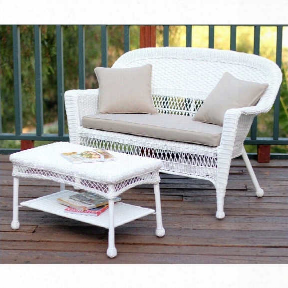 Jeco Wicker Patio Love Seat And Coffee Table Set In White With Tan Cushion