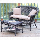 Jeco Wicker Patio Love Seat and Coffee Table Set in Espresso with Brown Cushion