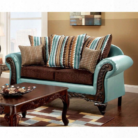 Furniture Of America Wuni Loveseat In Teal And Brown