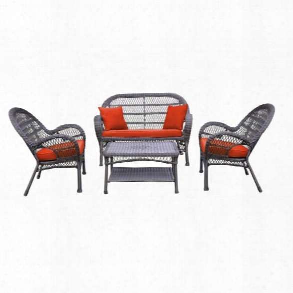 Jeco 4 Piece Wicker Conversation Set In Espresso With Red Cushions