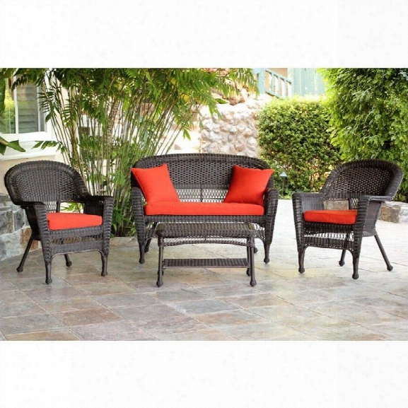 Jeco 4pc Wicker Conversation Set In Espresso With Red Orange Cushions