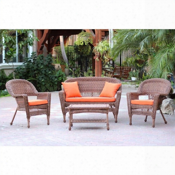 Jeco 4pc Wicker Conversation Set In Honey With Brick Orange Cushions